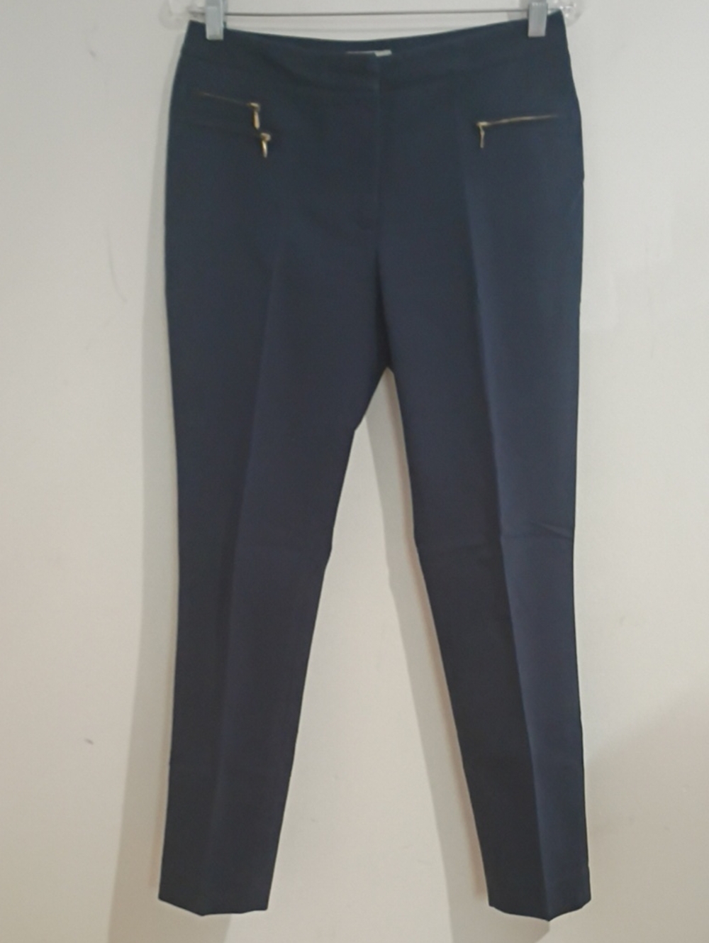 H&M Dark Navy Straight-Leg Ponte Pants with Gold Zip Accents